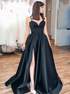 Black Spaghetti Straps Split Long Satin Prom Dress LBQ2168